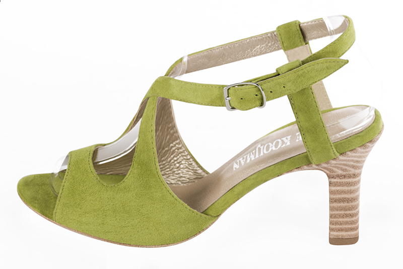 Pistachio green women's open back sandals, with crossed straps. Round toe. High kitten heels. Profile view - Florence KOOIJMAN